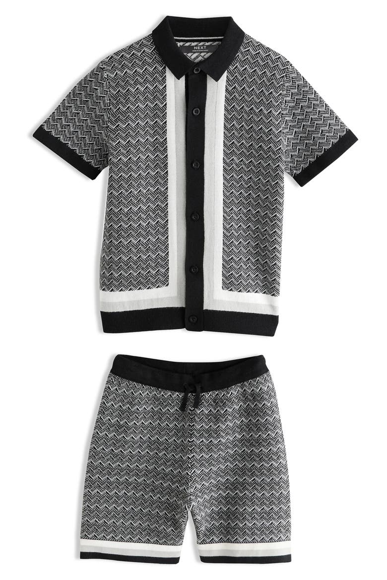 Kids' Mono Geo Short Sleeve Knit Cotton Button-Up Shirt & Drawstring Shorts Set, Main, color, BLACK/WHITE