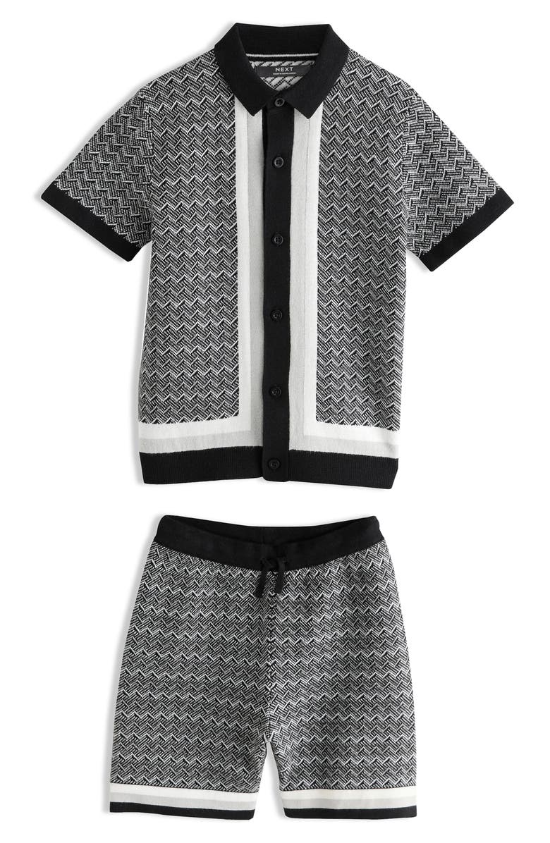NEXT Kids' Mono Geo Short Sleeve Knit Cotton Button-Up Shirt & Drawstring Shorts Set, Main, color, 
