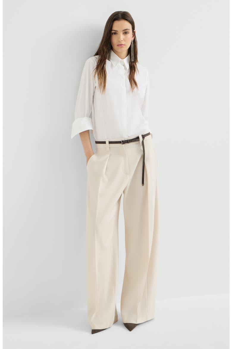 Virgin wool gabardine pleated barrel trousers with monili, Alternate, color, Milk