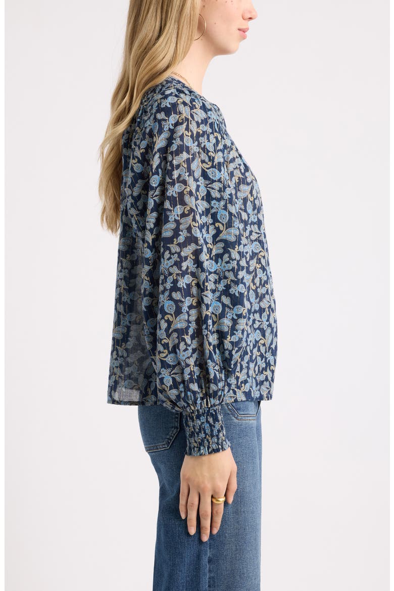 Print Smocked Yoke Button-Up Shirt, Alternate, color, BLUE- IVORY DAINTY PAISLEY