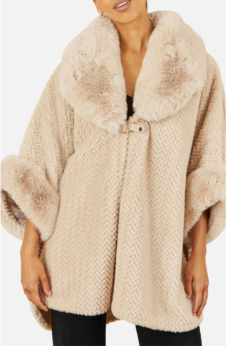 Yumi Textured Faux Fur Lined Cape, Alternate, color, Beige