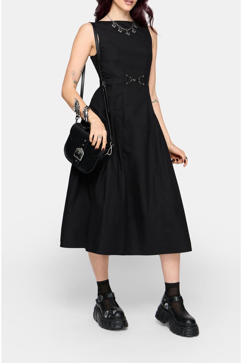 Cissa Buckle Front Pleated Midi Dress, Alternate, color, Black