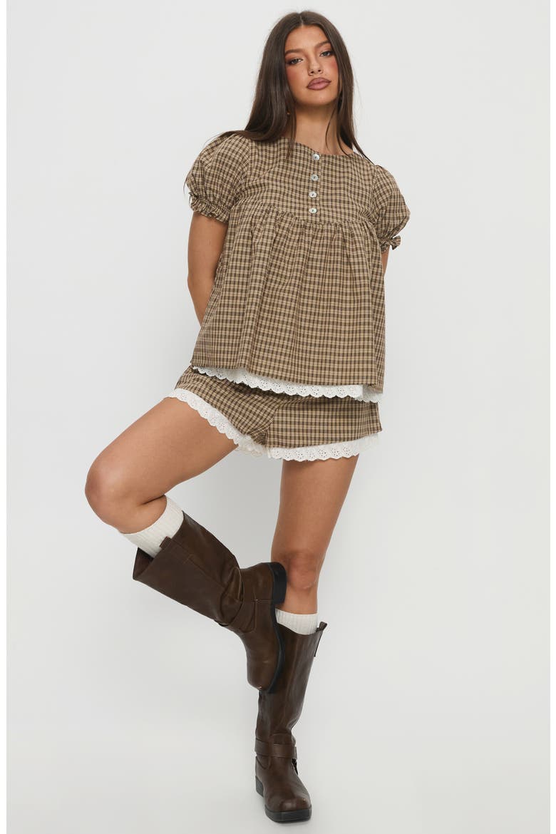 Chandelier Check Babydoll Top, Alternate, color, BROWN CHECK