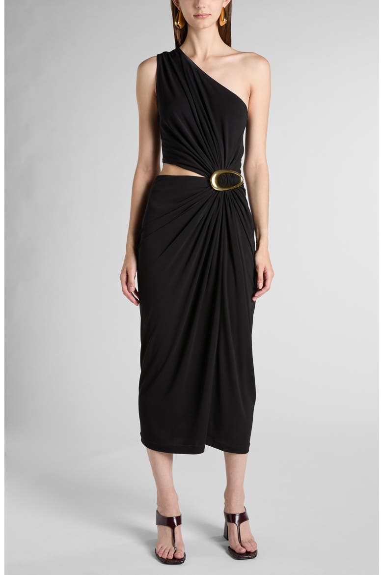 One-Shoulder Cutout Waist Crepe Jersey Midi Dress, Main, color, 1000 BLACK