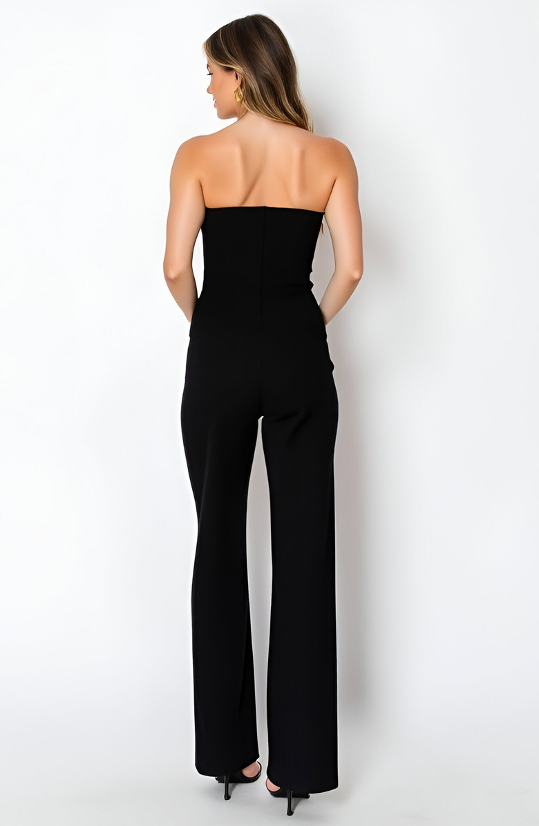 Modenaire Strapless Button-Front Top and Wide-Leg Pants Set with Sleek Silhouette, Alternate, color, Black