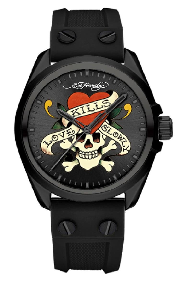 x Ed Hardy Singles Silicone Strap Watch, 38mm, Main, color, MATTE BLACK