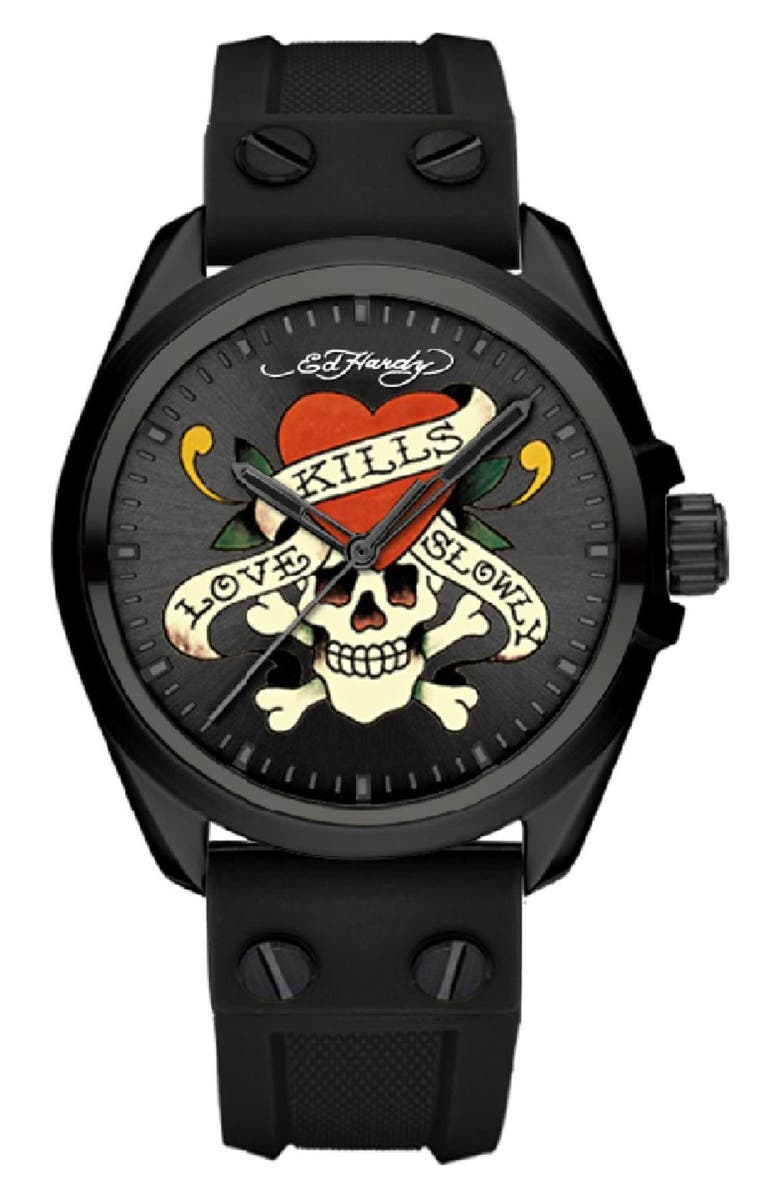 Ed Hardy x Ed Hardy Singles Silicone Strap Watch, 38mm, Main, color, Matte Black