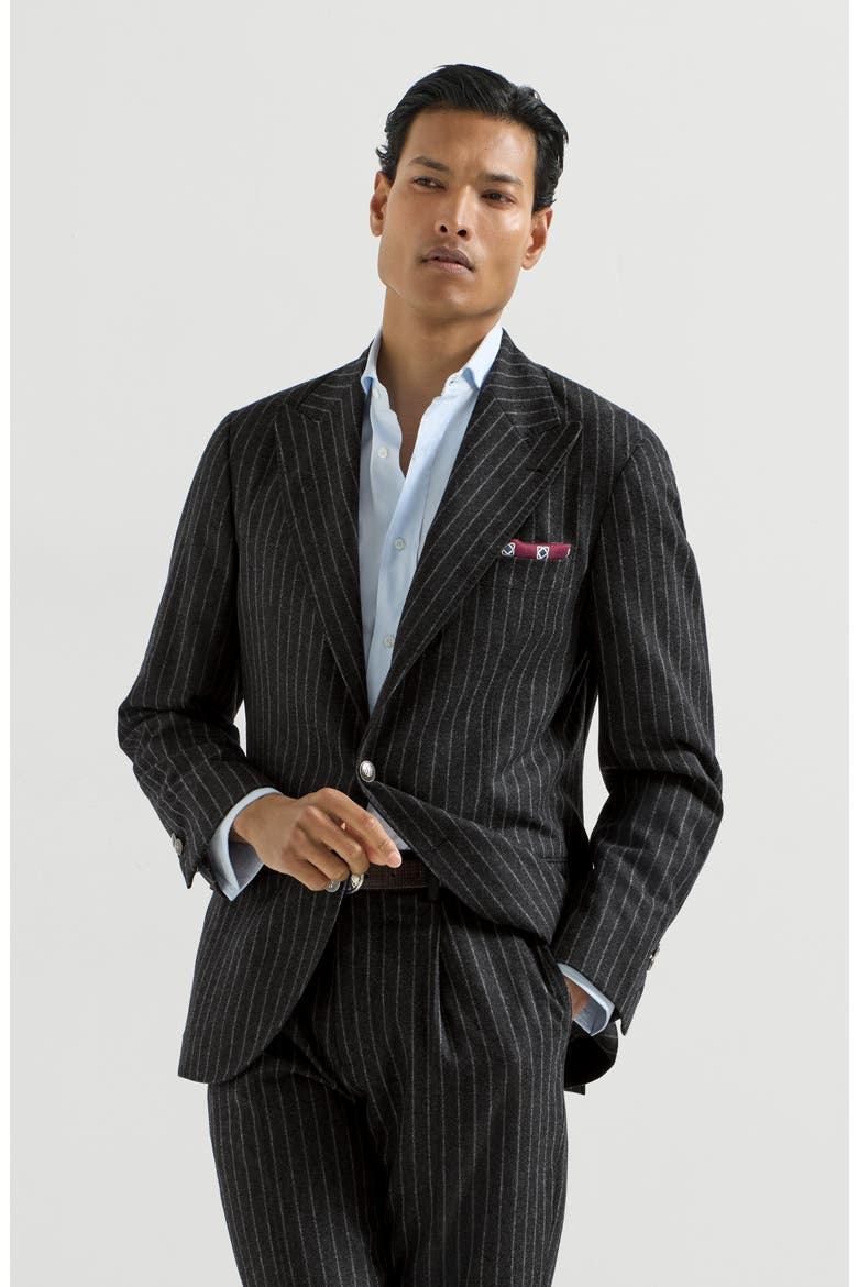 Virgin wool and cashmere chalk stripe flannel deconstructed blazer with large peak lapels and metal buttons, Main, color, Anthracite