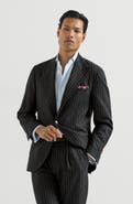Brunello Cucinelli Virgin wool and cashmere chalk stripe flannel deconstructed blazer with large peak lapels and metal buttons