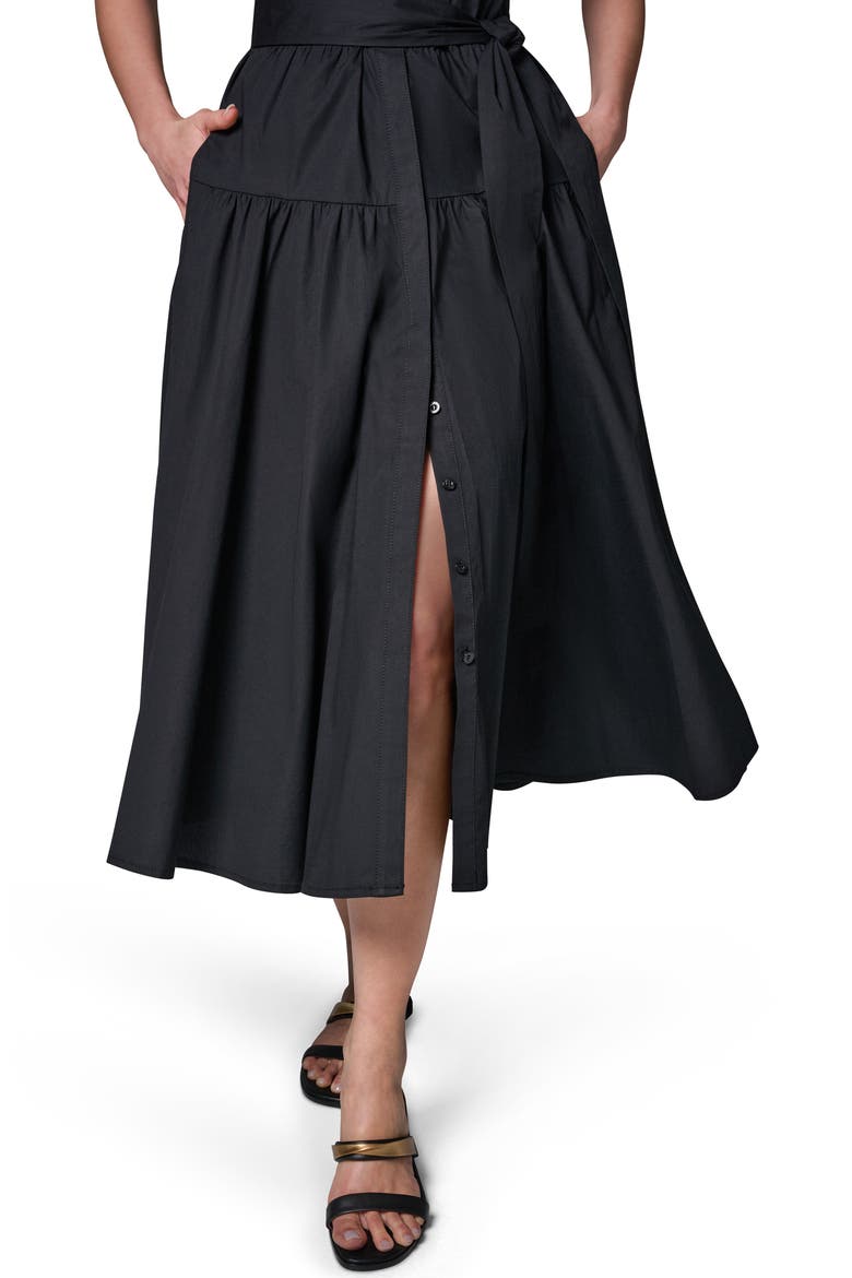 Tie Waist Stretch Poplin Midi Dress, Alternate, color, BLACK
