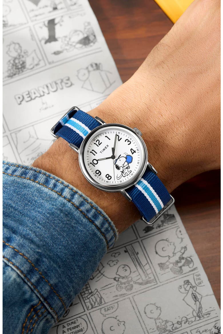 Peanuts® x Timex Weekender Pickleball 37mm Fabric Strap Watch, Alternate, color, SILVER-TONE/ BLUE