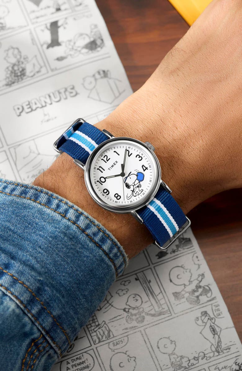 Timex<sup>®</sup> Peanuts<sup>®</sup> x Timex Weekender Pickleball 37mm Fabric Strap Watch, Alternate, color, Silver-Tone/ Blue