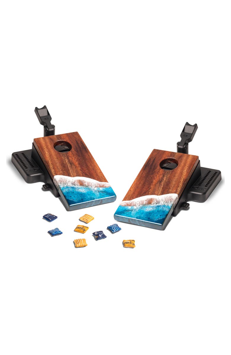 Elakai The Beach Epoxy Resin Mahogany Pathfinder Art Mini Tabletop Cornhole Game, Alternate, color, Beach Blue