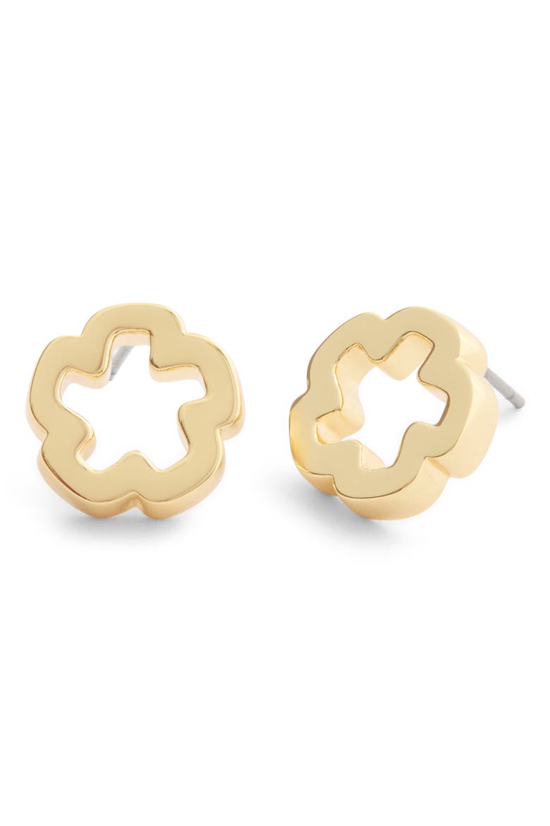 Open Tea Rose Stud Earrings, Main, color, SHINY GOLD