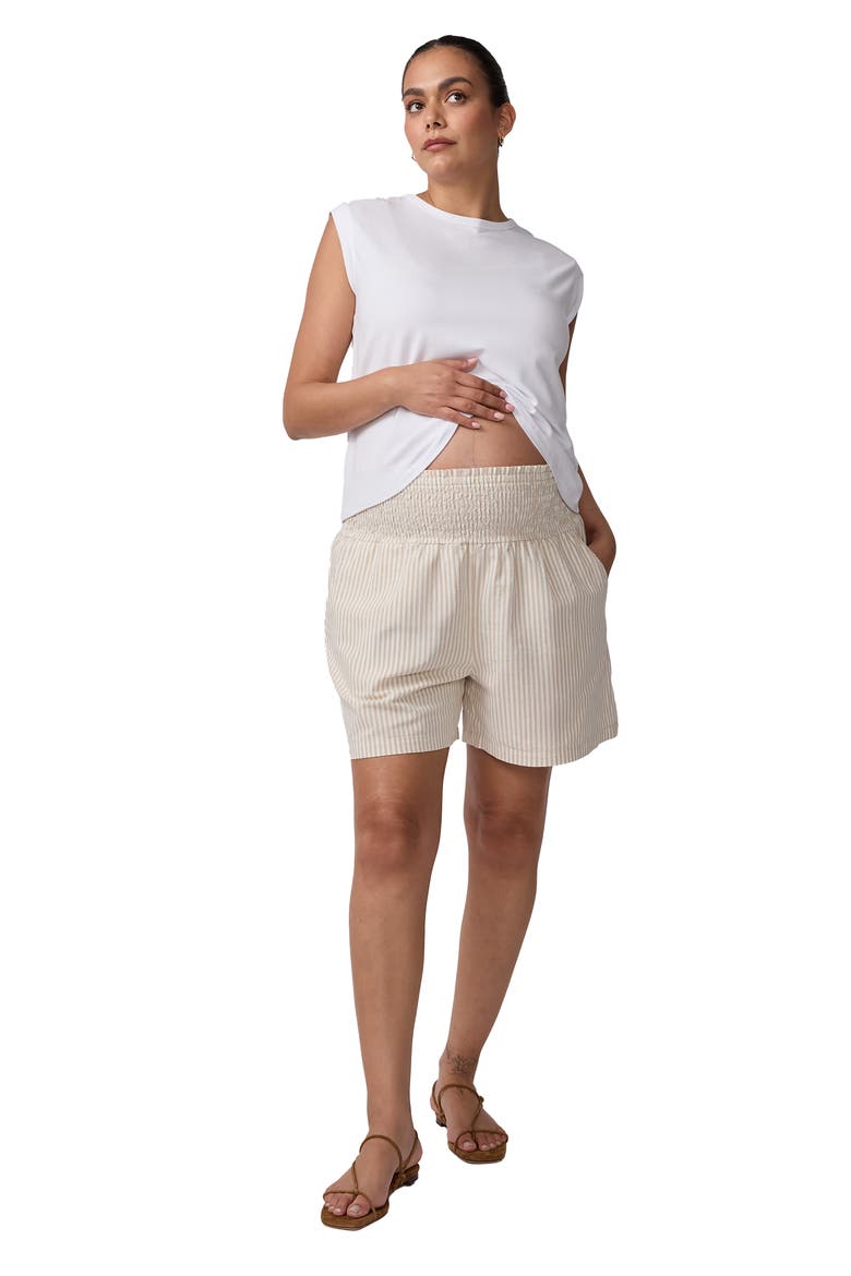 Smocked Linen Short, Alternate, color, Tan/White Stripe