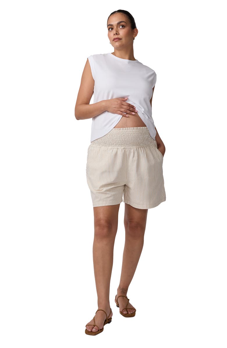 Ingrid & Isabel Smocked Linen Short, Alternate, color, Tan/White Stripe