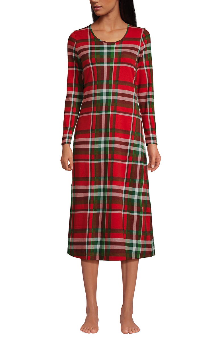 Lands
 End Cotton Long Sleeve Midcalf Nightgown, Main, color, Compass Red/Emerald Plaid