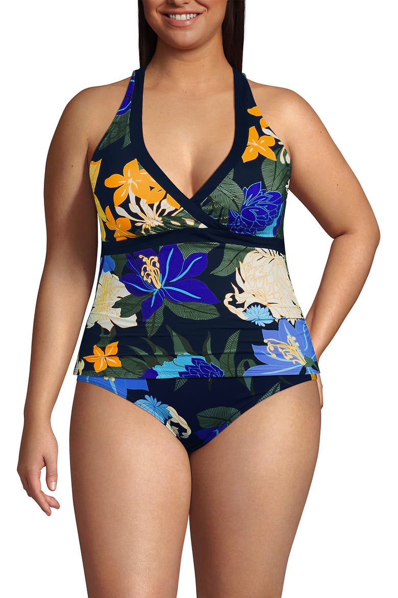 Plus Size V-Neck Halter Tankini Top, Main, color, Navy Multi Floral Blooms