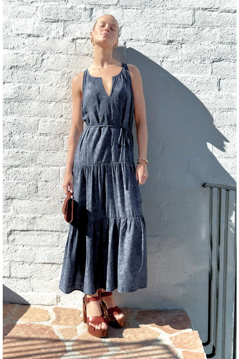 Iris Paisley Print Tiered Maxi Dress, Alternate, color, MOOD INDIGO BLUE