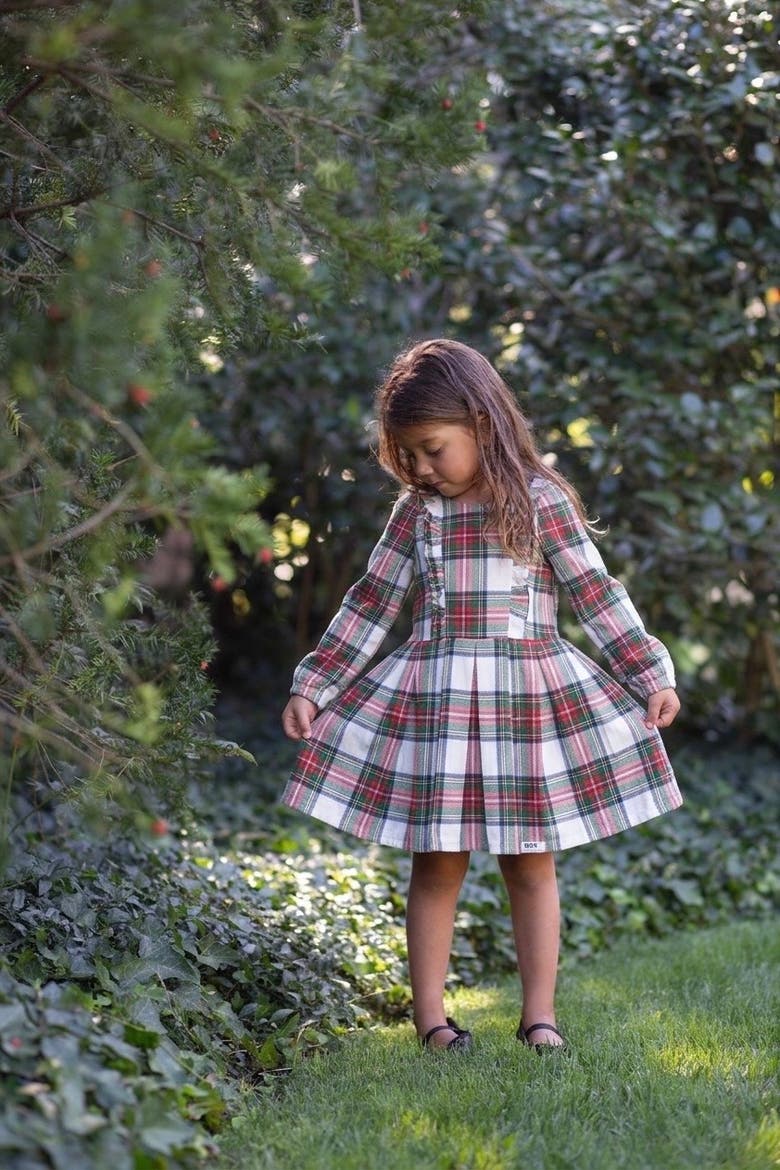 Long Sleeve Ruffle Dress, Alternate, color, Beige Plaid