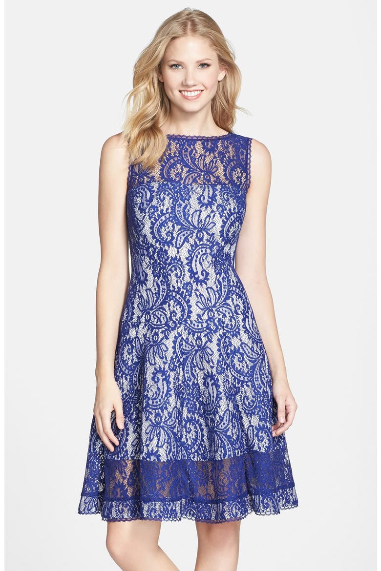 Bonded Lace Fit & Flare Dress, Main, color, DEEP LAGOON