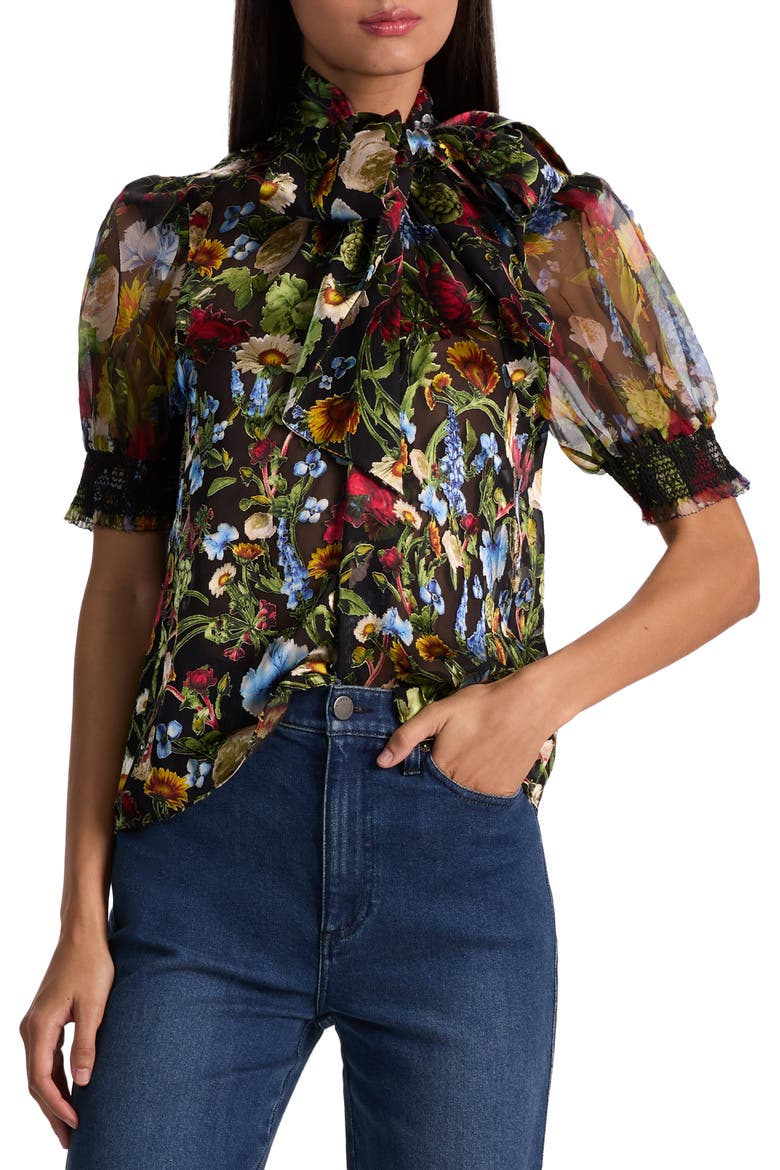 Brentley Floral Tie Neck Button-Up Shirt, Main, color, SOCIAL HOUR BLACK