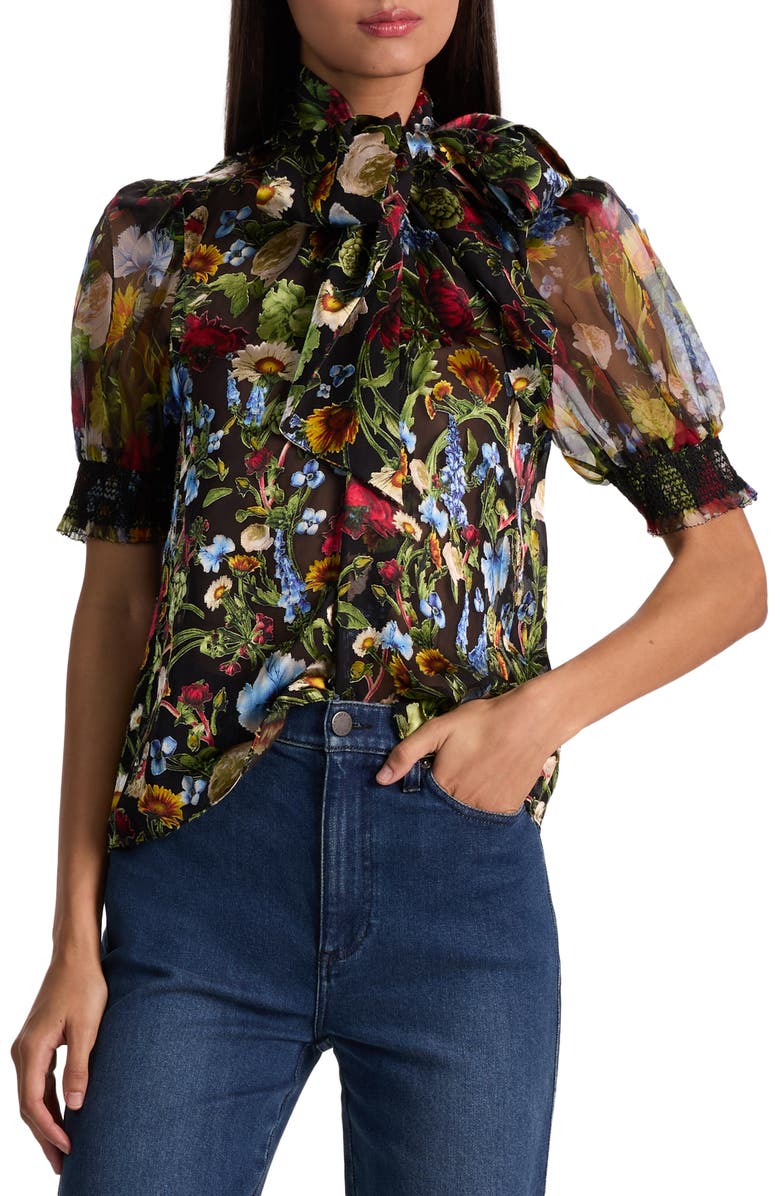 Alice + Olivia Brentley Floral Tie Neck Button-Up Shirt, Main, color, Social Hour Black