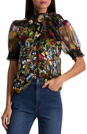 Alice + Olivia Brentley Floral Tie Neck Button-Up Shirt
