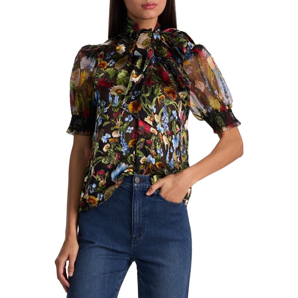Alice + Olivia Brentley Floral Tie Neck Button-Up Shirt in Social Hour Black  product