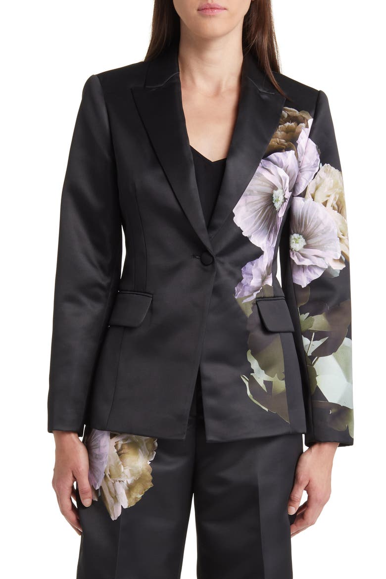 Nayaa Floral Print One-Button Blazer, Alternate, color, BLACK