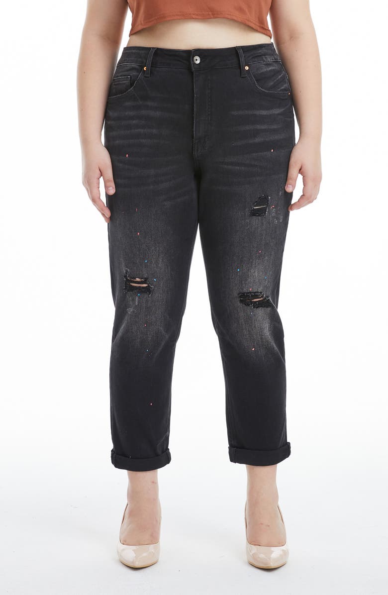 Bayeas Painted High Waist Cuff Mom Jeans, Main, color, Iron Black