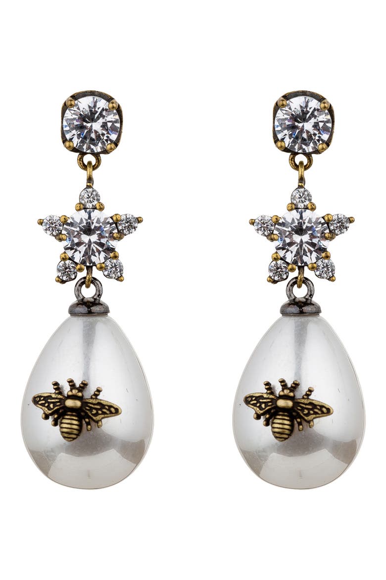 Abeja CZ & Imitation Pearl Bee Drop Earrings, Main, color, BRONZE