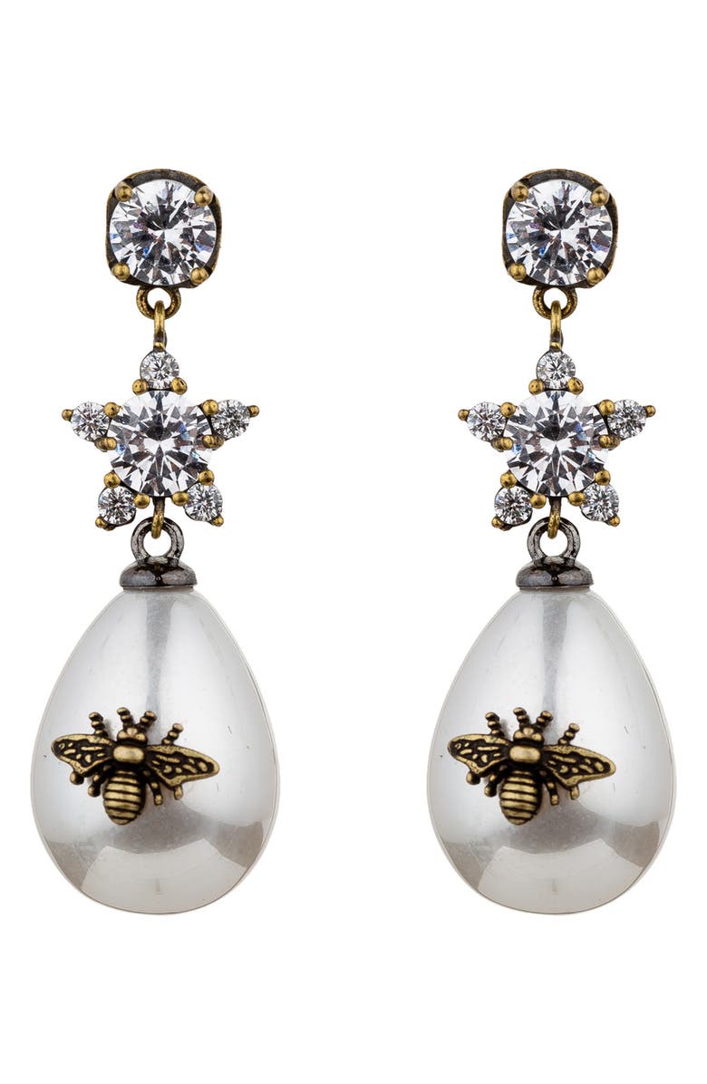 EYE CANDY LOS ANGELES Abeja CZ & Imitation Pearl Bee Drop Earrings, Main, color, Bronze