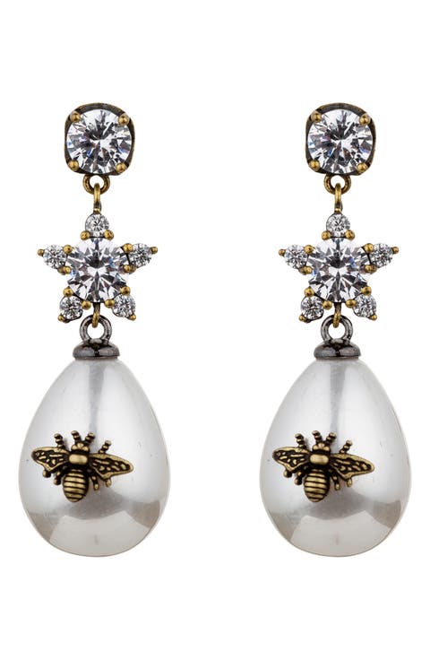 Abeja CZ & Imitation Pearl Bee Drop Earrings