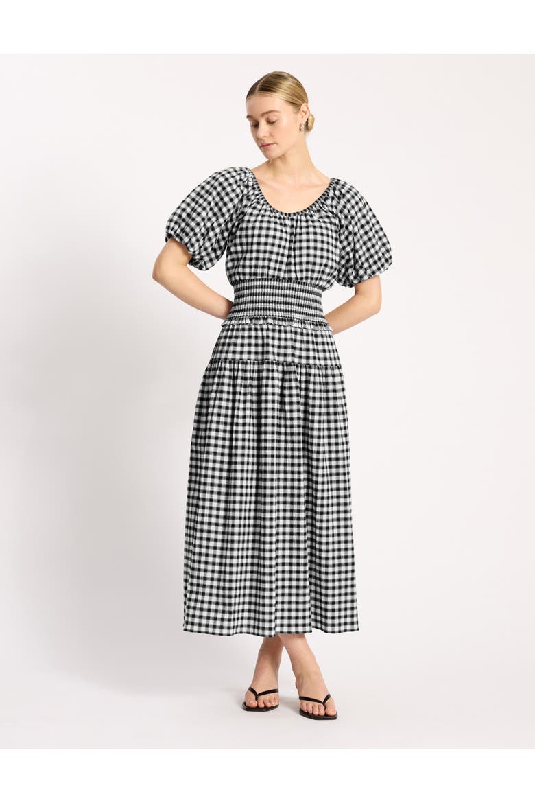 Gingham Blouson Sleeve Midi Dress, Main, color, Black