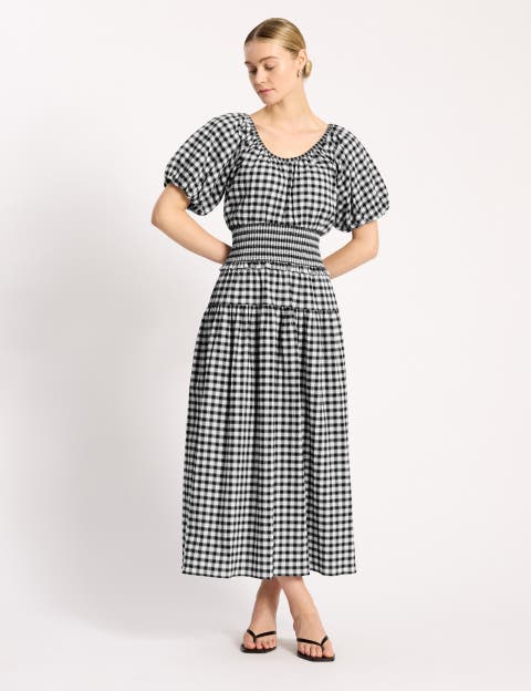 Gingham Blouson Sleeve Midi Dress
