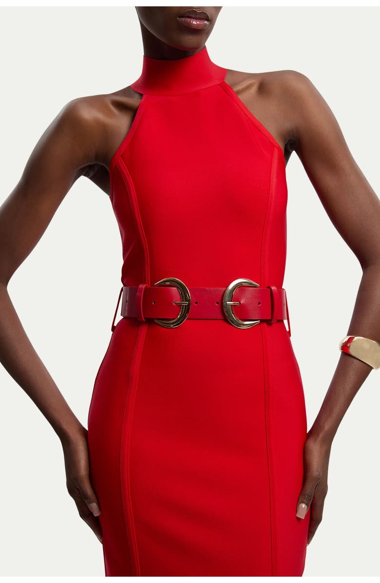 Karen Millen Bandage High Neck Buckle Trim Midi Dress, Alternate, color, Red