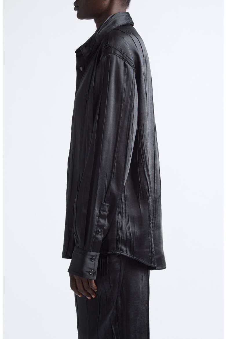 Oversize Crinkled Satin Button-Up Shirt, Alternate, color, BLACK