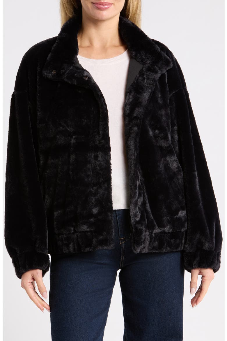 Funnel Neck Faux Fur Bomber Jacket, Main, color, BLACK