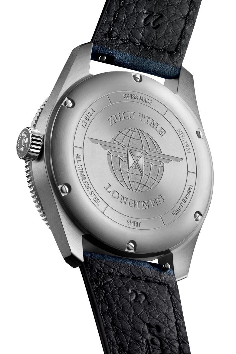 Spirit Zulu Time Leather Strap Watch, 42mm, Alternate, color, BLUE