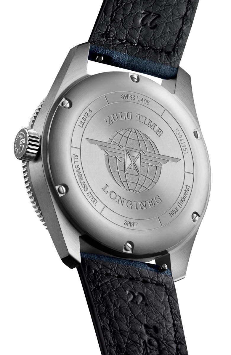 Longines Spirit Zulu Time Leather Strap Watch, 42mm, Alternate, color, Blue