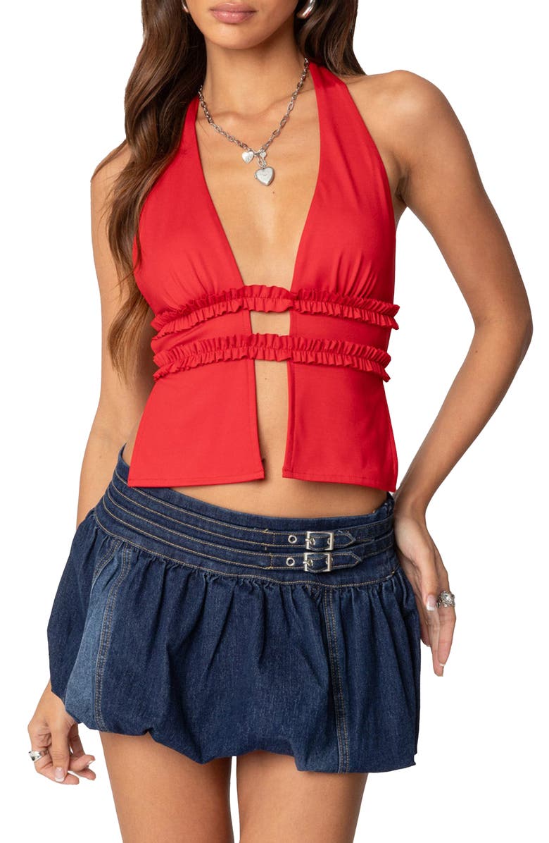 EDIKTED Luma Split Front Halter Top, Main, color, Red