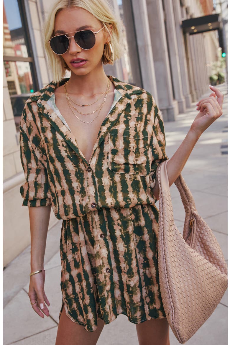 Queen Retro Print Long Sleeve Crepe Shirtdress, Alternate, color, PINE MULTI