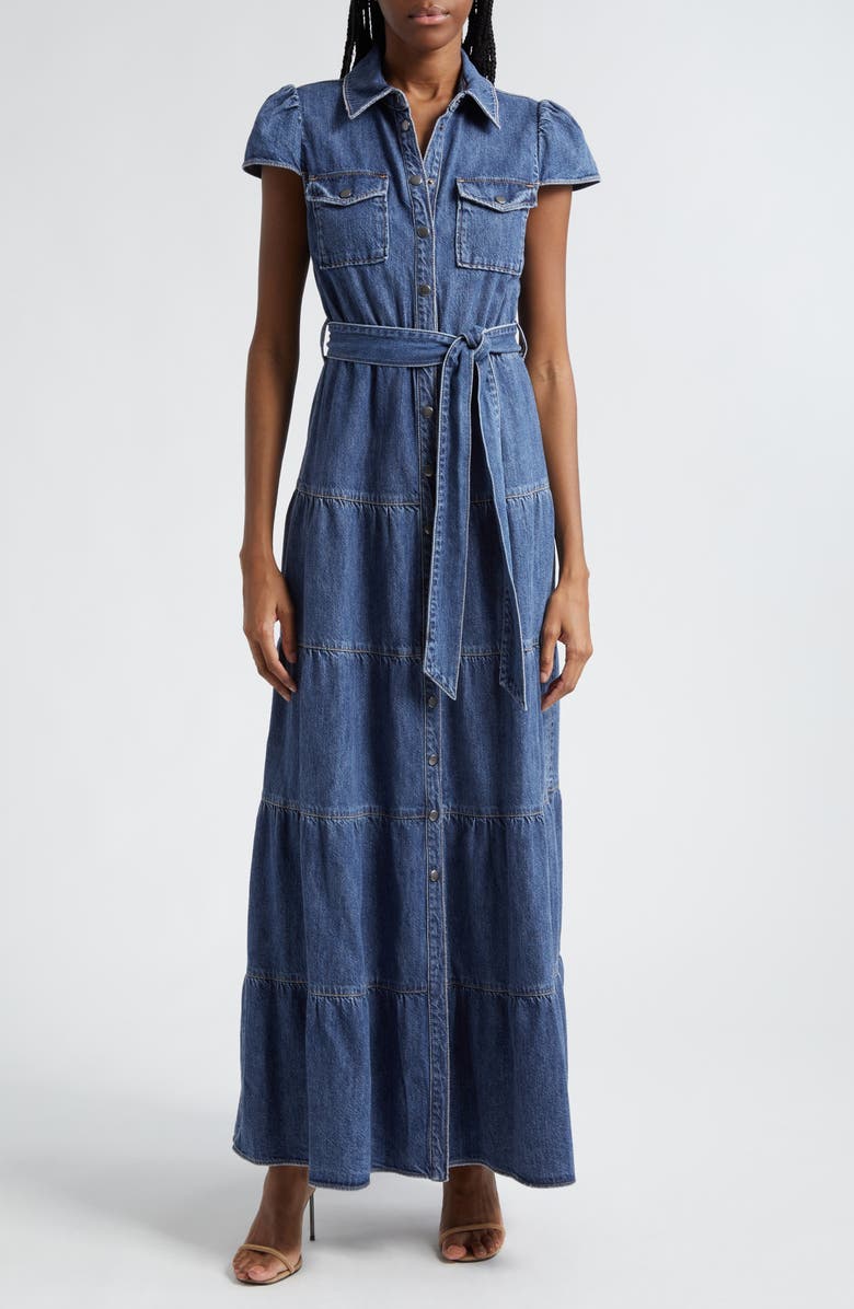 Alice + Olivia Miranda Tie Belt Denim Maxi Shirtdress, Main, color, 