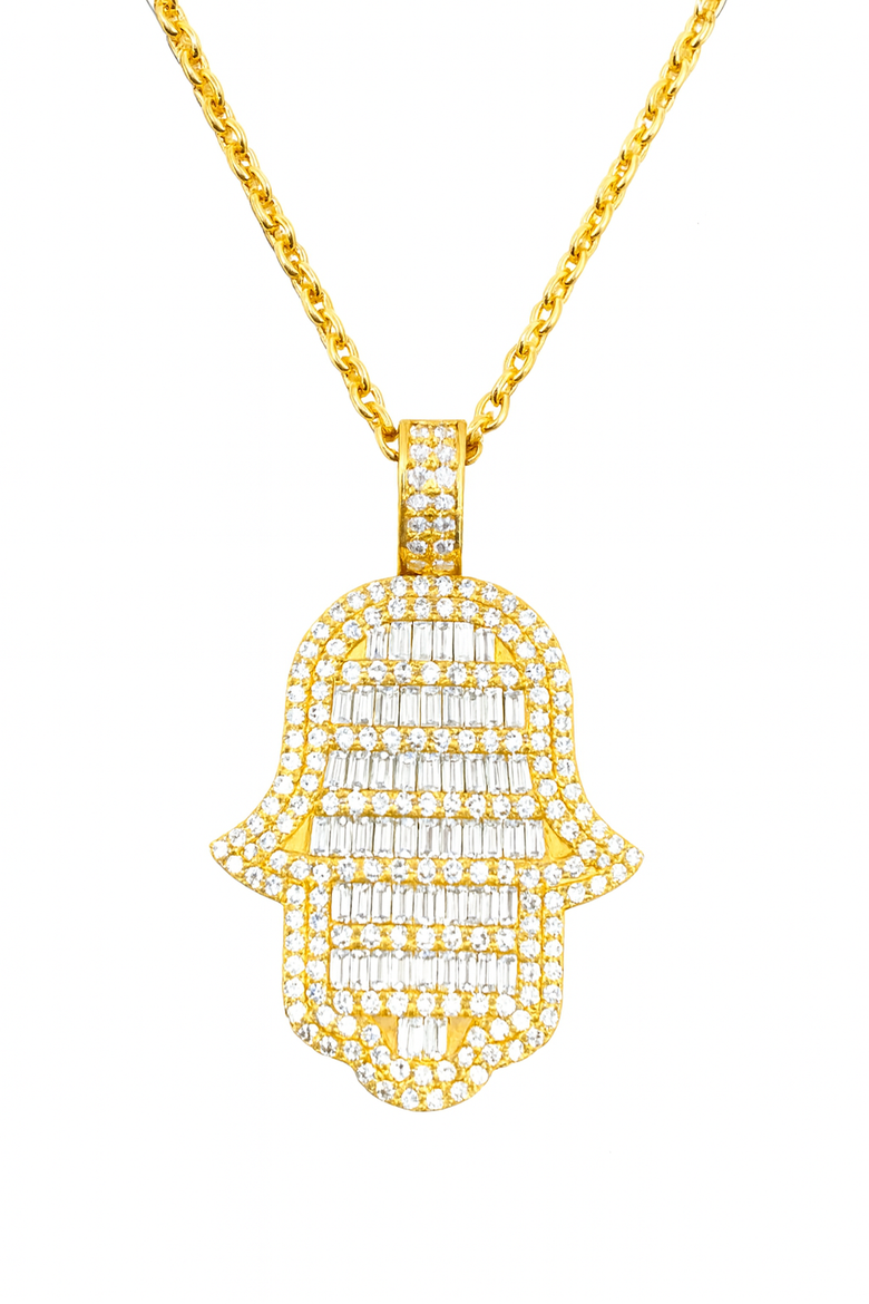 14K Yellow Gold Hamsa Pendant with 2.67 Carats of Lab Grown Diamonds, Alternate, color, White