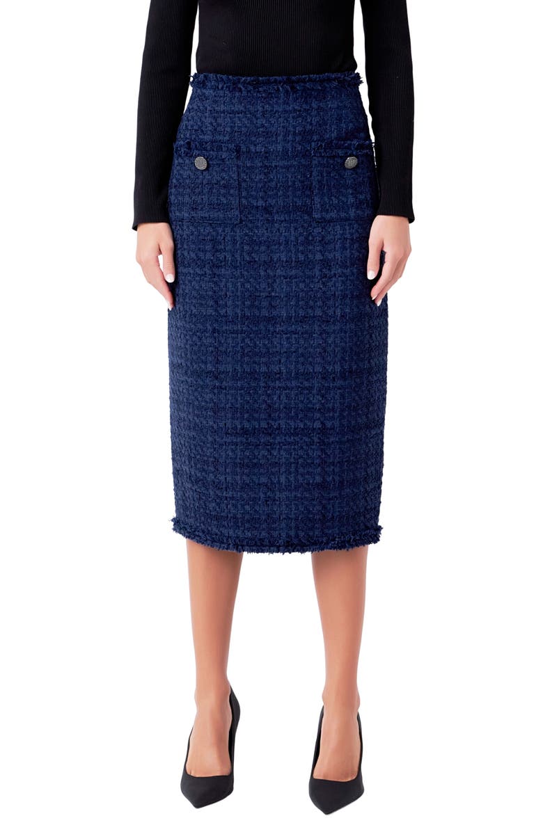 Endless Rose Bouclé Tweed Midi Skirt, Main, color, Navy