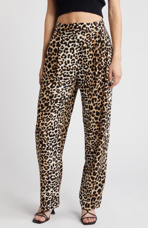 Animal Print Pleat Front Linen Blend Pants