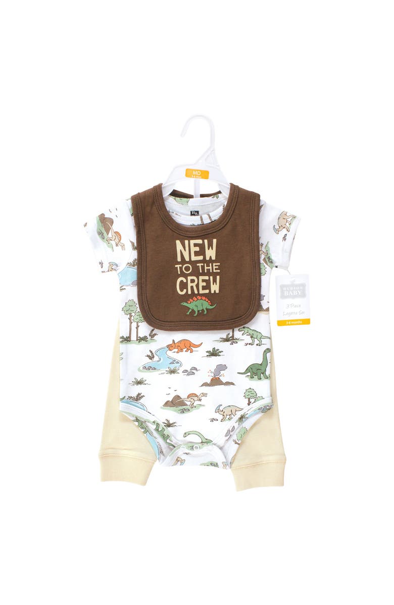 Hudson Baby Cotton Bodysuit, Pant and Bib Set, Alternate, color, Dinosaur Adventures