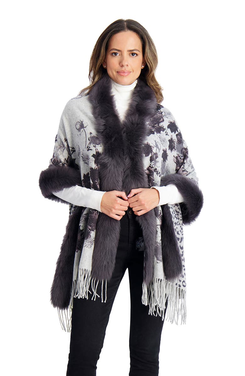 GORSKI Double Face Cashmere Stole With Lamb Tape Top And Bottom, Main, color, Gray Print/Animal Print