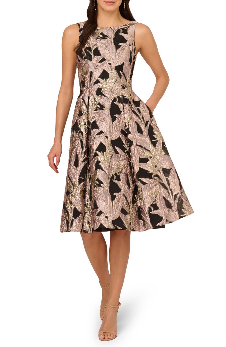 Adrianna Papell Metallic Leaf Jacquard Fit & Flare Cocktail Dress, Main, color,